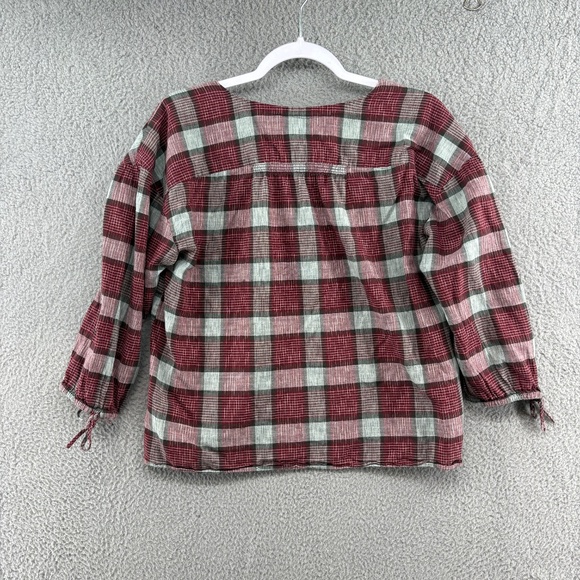 Madewell Plaid Button Front Peasant Blouse Red Gray Check XS 100% Cotton - Picture 4 of 11